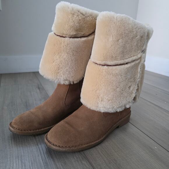 UGG Sibley Knee Tall Sheepskin Lined Suede Camel Brown Boots Women Sz 8.5 - Picture 4 of 14